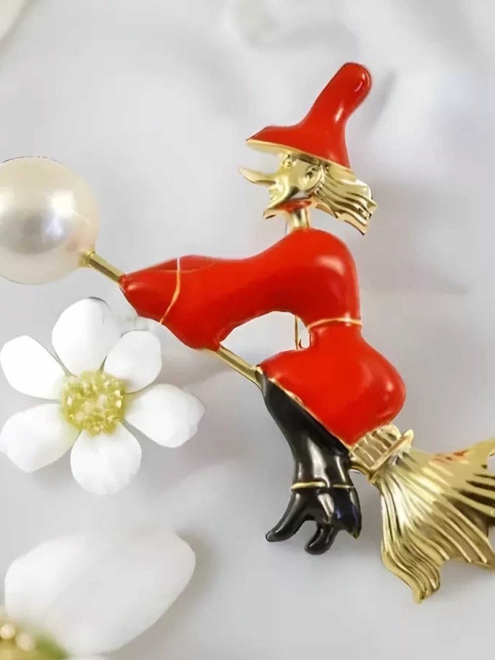 Red Witch Brooch Pin with Gold Accents
